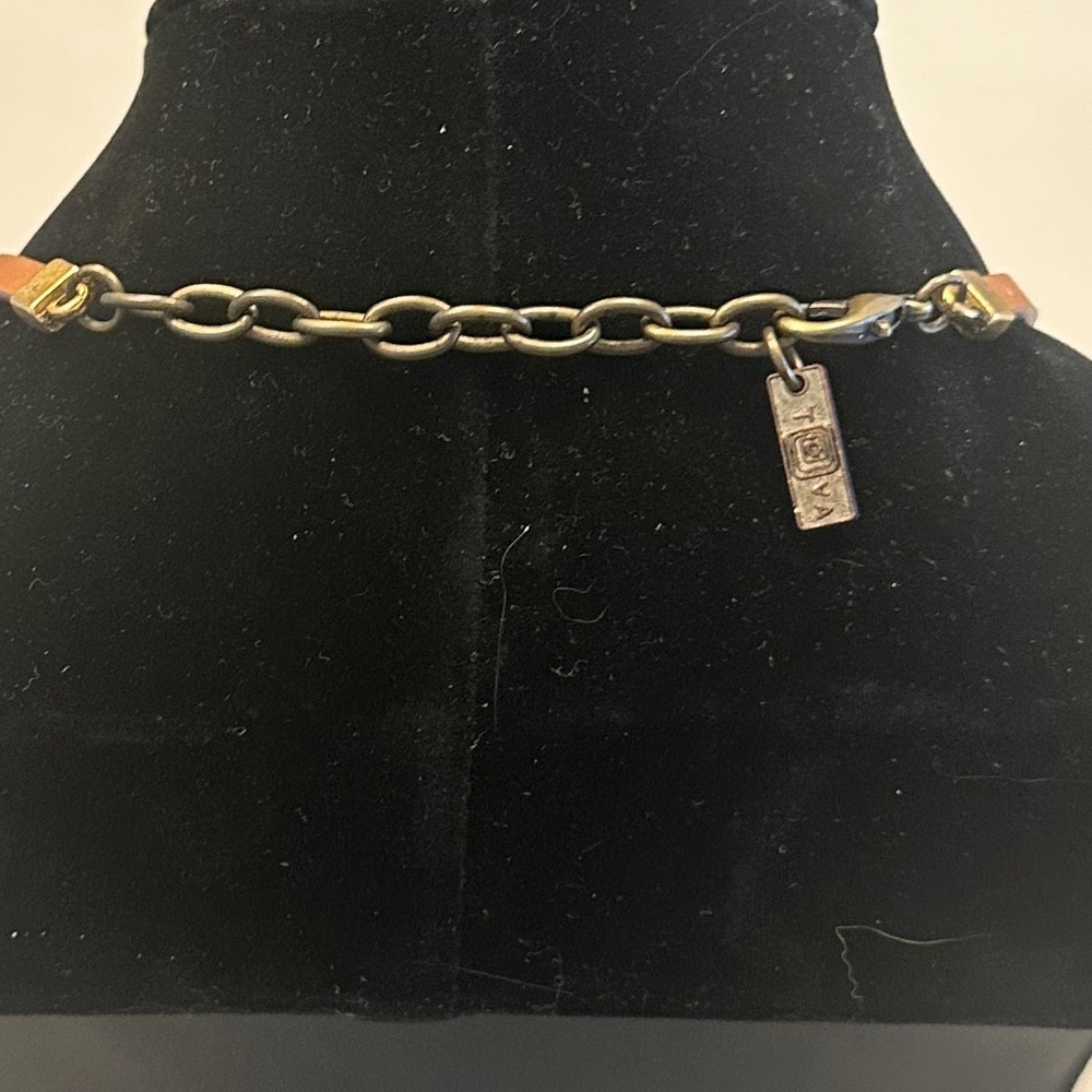 TOVA - Vibrant Boho Floral Enamel Brass Necklace on Brown Leather Cord - 18 in. - Picture 9 of 14